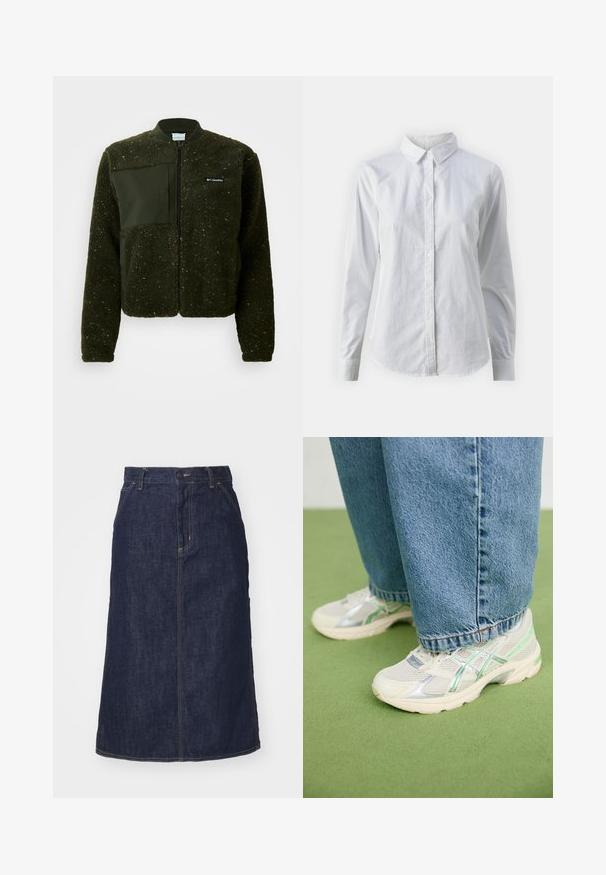 Giacca in pile verde con zip frontale, colletto a coste e finitura testurizzata, decorata con un'etichetta in tessuto piatta e il logo sul petto.; Camicia bianca con bottoni, realizzata in cotone liscio, dotata di un colletto classico, maniche lunghe e orlo curvo. I bottoni sono piccoli e bianchi.; Gonna di jeans scuro con vita alta, taglio dritto, tasche frontali e cuciture a vista. Presenta una chiusura con zip e bottone in vita.; Sneaker bianco e argento in mesh con accenti verdi indossati con jeans blu larghi, in piedi su un pavimento verde in moquette.