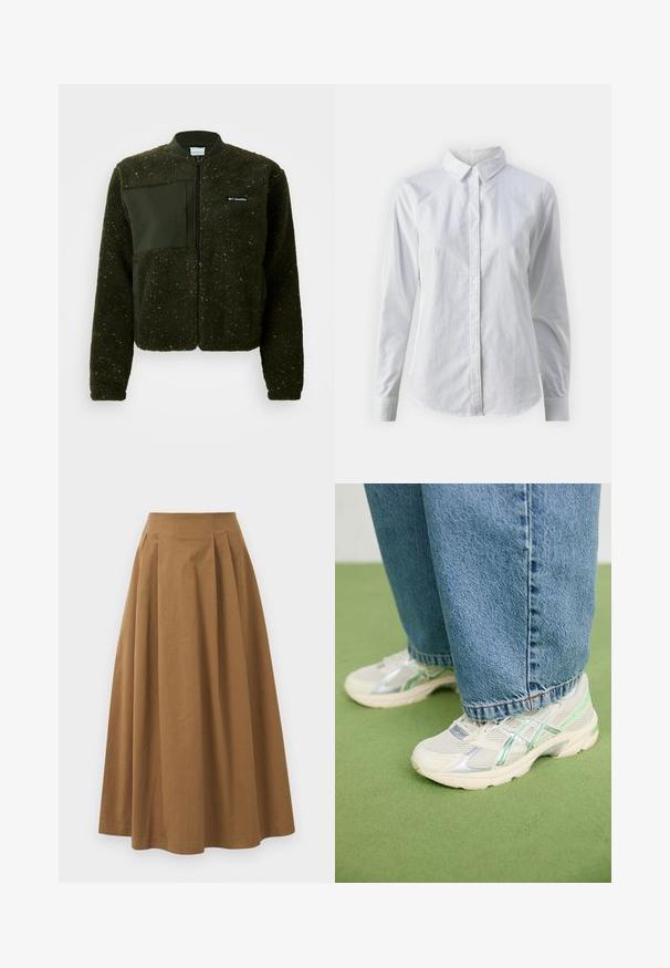 Zeleni fleeced jakna s patentnim zatvaračem sprijeda, rebrastim ovratnikom i teksturiranim završetkom s ravnim materijalnim oznakama i logom na prsima.; Bjela košulja na dugih rukava od glatkog pamuka, s klasičnom kragnom i zakrivljenim rubom. Dugmad su mala i bijela.; Smeđa pamučna suknja A kroja s visokim strukom, koja ima nabore sprijeda i glatku teksturu. Završetci donjeg ruba su čisti i jednostavni.; Bijele i srebrne mrežaste tenisice s zelenim akcentima, nosene s širokim plavim trapericama, stoje na zelenom tepihu.