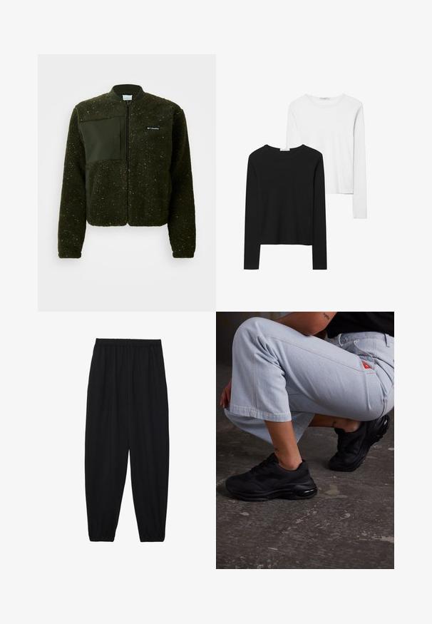 Giacca in pile verde con zip frontale, colletto a coste e finitura testurizzata, decorata con un'etichetta in tessuto piatta e il logo sul petto.; Magliette a maniche lunghe in bianco e nero, con collo rotondo, tessuto morbido e design aderente con orli dritti.; Pantaloni neri leggeri con vita elastica e caviglie arricciate. Il tessuto è liscio e presenta un design rilassato e affusolato.; Sneaker atletici neri con una parte superiore testurizzata, suola spessa e ammortizzazione ad aria. Abbinati a pantaloni cropped blu chiaro in una postura casual.