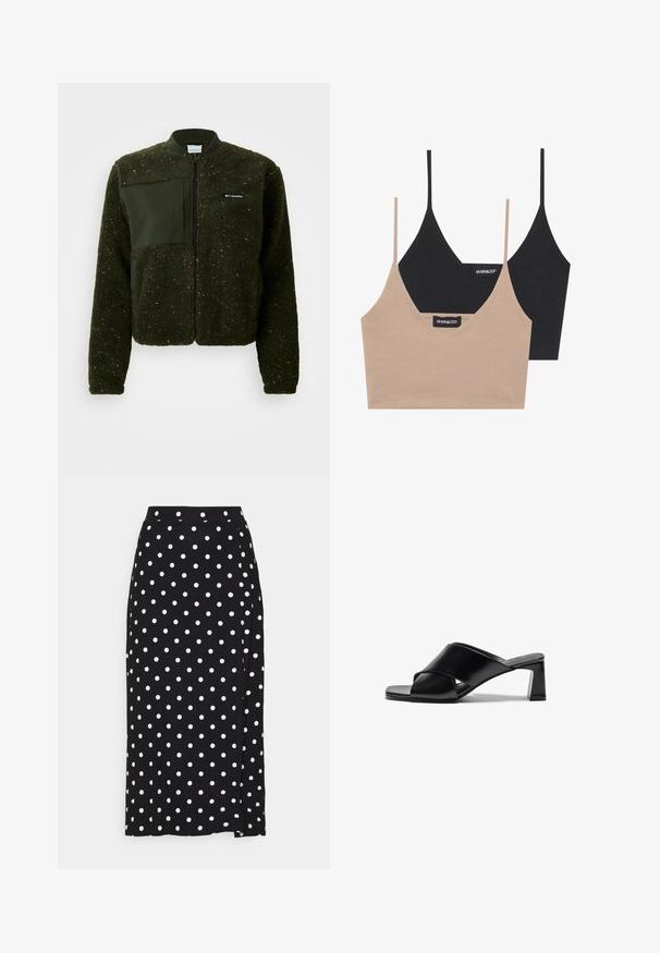 Groene fleecejack met rits aan de voorkant, geribbelde kraag en een textuurafwerking met een vlakke stoffen patch en logo op de borst.; Twee katoenen bralettes: de ene in lichtbeige en de andere in zwart, met dunne bandjes en een V-halsontwerp. Labels zichtbaar aan de binnenkant.; Zwarte rok met witte stippen, gemaakt van zachte stof. Heeft een rechte snit en een split aan de onderkant voor gemakkelijke beweging.; Zwarte lederen haksandalen met een cross-strap ontwerp, vierkante neus en een blokhak. Glad materiaal met minimale details.