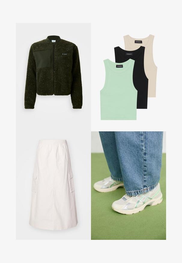 Zielona polarowa kurtka z zamkiem z przodu, żebrowanym kołnierzem oraz teksturowanym wykończeniem, z płaską naszywką i logo na klatce piersiowej.; Trzy topy na ramiączkach w kolorze miętowym, czarnym i beżowym; wykonane z prążkowanej tkaniny, z okrągłym dekoltem i bez rękawów. Widać metkę marki.; Jasno beżowa spódnica do kolan z elastycznym paskiem. Posiada dwie boczne kieszenie cargo oraz prosty krój z gładką teksturą.; Białe i srebrne siatkowe sneakersy z zielonymi akcentami noszone z luźnymi niebieskimi dżinsami, stojące na zielonym dywanowym podłożu.