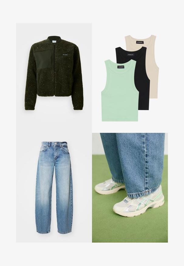 Zelená fleecová bunda s předním zipem, žebrovaným límcem a texturovaným povrchem, na hrudi s plochou látkovou nášivkou a logem.; Tři tílka v mátové zelené, černé a béžové barvě; vyrobená z žebrované látky s kulatým výstřihem a bez rukávů. Viditelná značková etiketa.; Světle modré široké džíny se sepraným vzhledem, pěti kapsami a zapínáním na knoflík. Materiál je denim, s klasickým prošíváním a uvolněným střihem.; Bílo-stříbrné síťované tenisky s zelenými akcenty, obuté k volným modrým džínům, stojící na zeleném koberci.