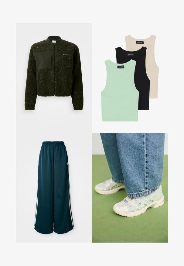 Jachetă din fleece verde cu fermoar frontal, guler ribflat și un finisaj texturat, dotată cu o patch din material plat și logo pe piept.; Trei tricouri fără mâneci, în nuanțe de verde mentă, negru și bej; realizate dintr-o țesătură ribată, cu gât rotund. Eticheta mărcii este vizibilă.; Pantaloni de trening largi, de culoare teal, cu talie elastică, având trei dungi albe pe laterale și un logo Adidas pe partea stângă.; Adidași din plasă albă și argintie cu accente verzi purtați cu blugi evazați bleumarin stând pe un covor de culoare verde.