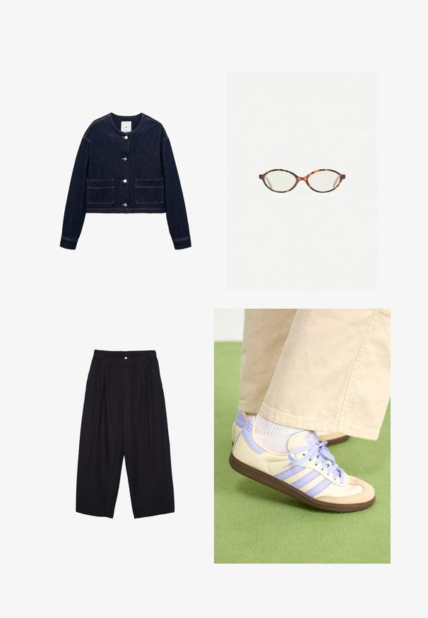 Tummansininen farkkutakki, jossa on pyöreä kaula-aukko, etupainike, kaksi päällekkäistä taskua ja cropped-muotoilu. Ei näkyviä kuvioita tai koristeita.; Musta puuvillapaita lyhyillä hihoilla, pyöreällä kaula-aukolla ja pienellä valkoisella logolla vasemmassa alareunassa. Klassinen, laatikkomainen malli, jossa on minimaalista yksityiskohtaisuutta.; Musta polyesterinen culotte-housut, jossa on joustava vyötärö, kaksi etupleettiä ja löysä siluetti. Ei näkyviä kuvioita tai metallisia yksityiskohtia.; Kermasilta ja laventelilta näyttävät lenkkarit kolmella raidalla ja teksturoidulla ruskealla pohjalla, varustettuna nauhoilla ja pehmustetulla kantapäällä. Pehmeä kangaspinta.; Kilpikonnakuosiset silmälasit, joissa on soikeat linssit ja tyylikäs, sileä pinta. Ominaisuudet: ohuet sivut, joissa on hienovarainen kaari temppeleissä. Kirkkaat linssit.; Ruskea nahkainen hobo laukku pyöreällä muotoilulla, jossa on kultaiset yksityiskohdat ja kontrastiväriommeltu. Yhdistetty farkkupaitaan ja farkkuihin.