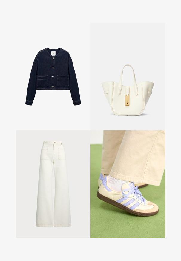 Giacca in denim blu scuro con scollatura rotonda, bottoni frontali, due tasche a toppa e design corto. Nessun motivo o decorazione visibile.; Maglietta bianca in cotone a maniche corte, con un logo ricamato nero "POLO" sul davanti. Design semplice e squadrato.; Jeans a gamba larga in denim bianco sporco. Design a vita alta con chiusura a bottone, due tasche frontali e dettagli di cucitura a contrasto.; Sneakers crema e lavanda con tre strisce e suola marrone texturizzata, dotati di lacci e tallone imbottito. Parte superiore in tessuto morbido.; Borsa tote in pelle bianca con forma strutturata, cuciture evidenti, etichetta in metallo dorato e manici doppi. Superficie testurizzata con tasche laterali.