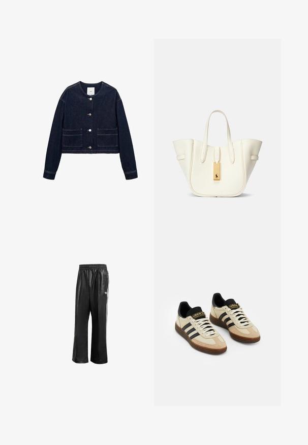 Giacca in denim blu scuro con scollatura rotonda, bottoni frontali, due tasche a toppa e design corto. Nessun motivo o decorazione visibile.; Maglietta bianca in cotone a maniche corte, con un logo ricamato nero "POLO" sul davanti. Design semplice e squadrato.; Pantaloni da corsa neri in materiale sintetico con vita elasticizzata, caratterizzati da strisce laterali bianche e un piccolo logo bianco sull'anca sinistra.; Scarpe da ginnastica in suede beige con accenti in pelle nera, lacci bianchi e suola in gomma marrone. Tre strisce nere su ciascun lato.; Borsa tote in pelle bianca con forma strutturata, cuciture evidenti, etichetta in metallo dorato e manici doppi. Superficie testurizzata con tasche laterali.