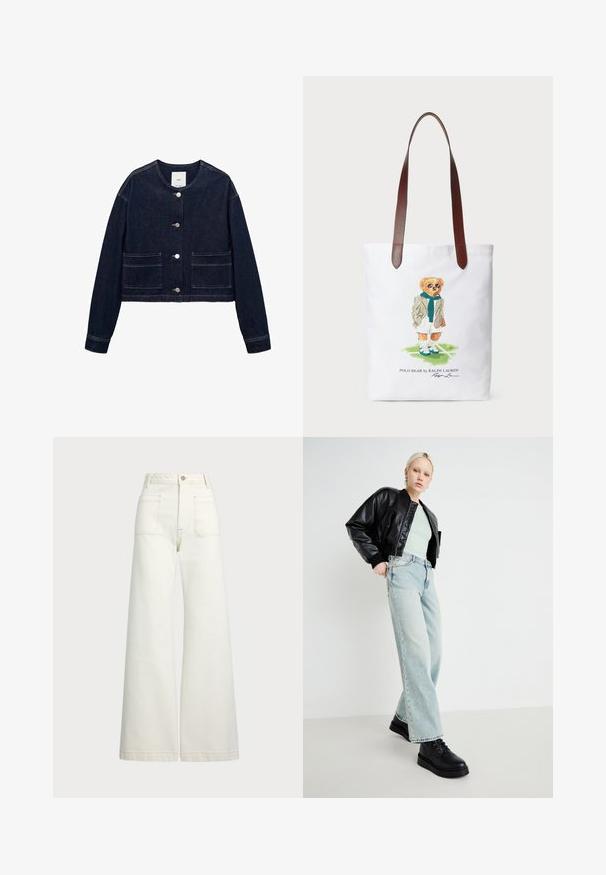 Jachetă din denim de culoare albastru închis cu guler rotund, nasturi frontali, două buzunare patch și un design scurtat. Fără modele sau embellishments vizibile.; Tricou din bumbac bleumarin cu mâneci scurte și decolteu rotund. Prezintă un mic logo roșu brodat pe partea stângă a pieptului.; Jeans cu picioare late din denim alb-crem. Design cu talie înaltă, cu închidere prin nasture, două buzunare frontale și detalii cu cusături contrastante.; Jachetă bomber din piele neagră, cămașă verde mentă, blugi evazați de culoare albastru deschis și pantofi negri cu șireturi, pe un fundal minimal.; Geantă din pânză cu un urs desenat în fular verde și sacou, cu curele de umăr din piele maro. Fundal alb, design imprimat.