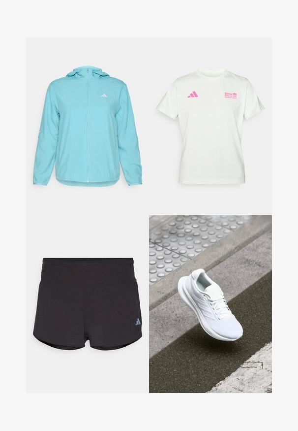 Chaqueta con capucha de color azul claro, con cremallera frontal completa, que presenta un pequeño logotipo blanco en el lado izquierdo del pecho y bolsillos laterales con cremallera.; Camiseta blanca de manga corta con logo rosa de Adidas en el lado izquierdo del pecho y logo del Maratón de Berlín de BMW en el lado derecho del pecho.; Pantalones cortos deportivos negros con un acabado texturizado, que cuentan con una cintura ancha y un logo de Adidas en azul claro en la parte inferior izquierda.; Zapatilla deportiva blanca con parte superior de malla, diseño de cordones y suela texturizada. Branding sutil y detalles de construcción sin costuras visibles.