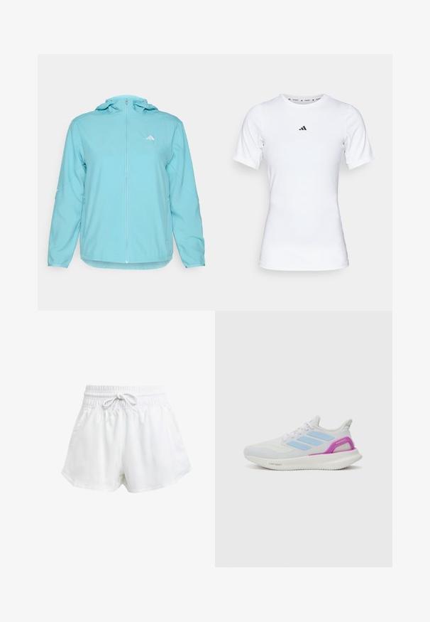 Svetlo modra jopica s kapuco in polnim zadrgo, ki ima majhen bel logotip na levem prsnem delu in zadrgo stranske žepke.; Bela športna majica s kratkimi rokavi, narejena iz gladkega, elastičnega materiala. Na prsih ima majhen črn logotip Adidas.; Bela športna kratka hlače z elastičnim pasom in nastavljivim vrvico. Narejena iz lahkega materiala, z bočnimi žepi in ohlapnim prilegajočim se krojem.; adidas Performance PUREBOOST 5 - Tekaški copati za cesto - white/glow blue/purple burst
