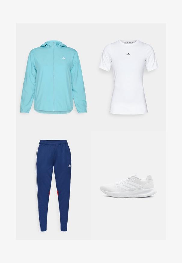 Veste à capuche bleu clair avec une fermeture éclair sur le devant, présentant un petit logo blanc sur la poitrine gauche et des poches latérales zippées.; T-shirt de sport blanc à manches courtes, fabriqué en tissu lisse et extensible. Doté d'un petit logo noir Adidas sur la poitrine.; Pantalons de sport navy avec des rayures blanches sur les côtés, taille élastique et accents rouges près de l'ourlet. Fabriqués en tissu lisse et léger.; Baskets blanches en matériau en mesh, avec un design élégant, une pointe ronde, un talon structuré et trois rayures sur le côté extérieur.