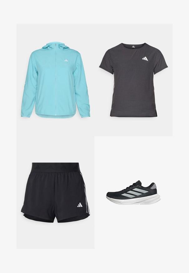 Ljusblå huva jacka med fullständig framdragkedja, med en liten vit logotyp på vänster bröst och dragkedjefickor på sidorna.; Kortärmad atletisk t-shirt, mörkgrå med perforerad textur. Har en vit logotyp och kontrasterande sidostripes. Rundad halsringning.; Svarta sportshorts med elastisk midja, som har en texturerad rem, sidostråk och en vit Adidas-logotyp på den nedre fållen.; Svart löparskor med meshtopp, tre silverränder, vit mellansula och strukturerad sula. Har vadderad krage och snörning.