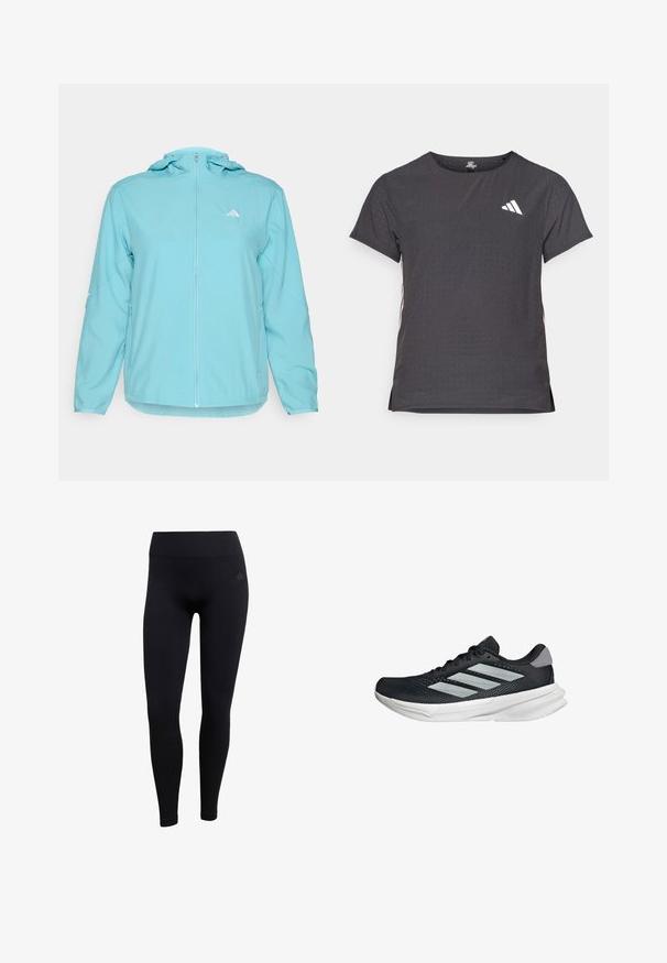 Vaaleansininen huppari, jossa on täysipitkä vetoketju, vasemmassa rinnassa pieni valkoinen logo ja vetoketjulliset sivutaskut.; Lyhythihainen urheilupaita, tummanharmaa, jossa on reikäkudot. Ominaisuuksina valkoinen logo ja kontrastiväriset sivusuunnat. Pyöreä pääntie.; Mustat urheilulegginsit, jotka on valmistettu joustavasta kankaasta. Ominaisuudet: korkea vyötärö, istuva leikkaus ja ribbikuvioidut nilkkakutistimet. Huomaamaton brändilogo.; Musta juoksukenkä, jossa on verkko-osa ylhäällä, kolme hopeista raitaa, valkoinen välipohja ja teksturoitu pohja. Varustettu pehmustetulla nilkkaremmeillä ja nauhakiinnityksellä.