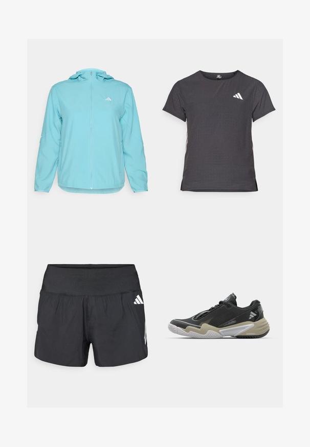 Light blue hooded jacket with a full front zip, featuring a small white logo on the left chest and zippered side pockets.; Short-sleeve athletic t-shirt, dark gray with perforated texture. Features a white logo and contrasting side stripes. Rounded neckline.; Black athletic shorts featuring a wide elastic waistband, lightweight fabric, and white logo accents on the lower side.; Black and beige athletic shoe with textured upper, prominent sole design, reflective accents, and lacing system. Lightweight construction.