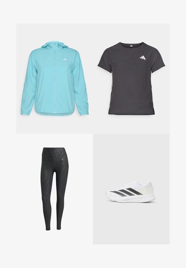 Casaco com capuz azul-claro, com fecho de correr frontal completo, apresentando um pequeno logótipo branco no lado esquerdo do peito e bolsos laterais com fecho de correr.; T-shirt atlético de mangas curtas, cinza escuro com textura perfurada. Apresenta um logo branco e riscas laterais contrastantes. Decote arredondado.; Leggings pretos com um padrão de zebra tonal, cintura alta, textura suave e um logo da Adidas no quadril esquerdo. Confeccionados em tecido elástico.; Shoe atlético branco com riscas diagonais pretas, parte superior em malha, bico arredondado e sola texturizada. Os destaques incluem um calcanhar prateado e um design minimalista.