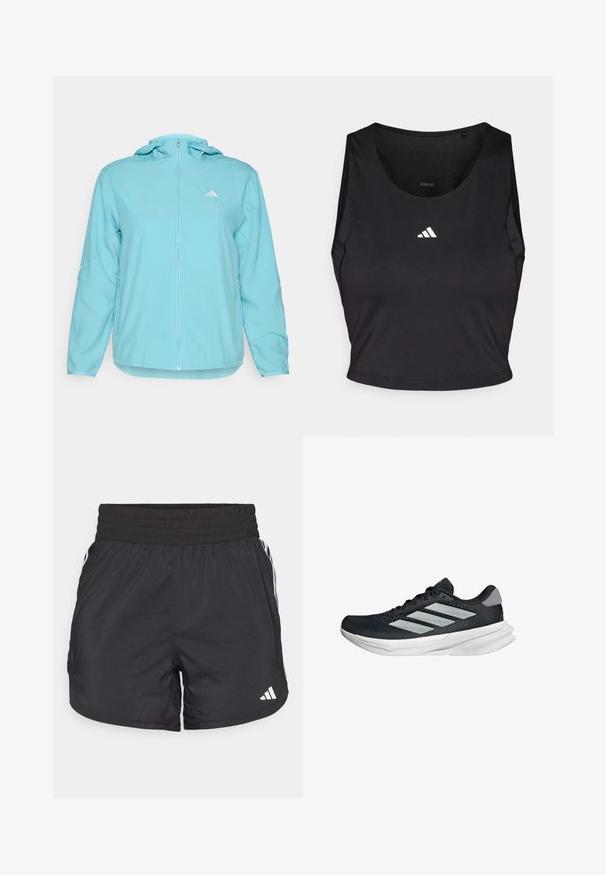 Veste à capuche bleu clair avec une fermeture éclair sur le devant, présentant un petit logo blanc sur la poitrine gauche et des poches latérales zippées.; Crop top de sport noir en tissu évacuant l'humidité, avec un col rond, sans manches, et logo blanc sur la poitrine.; Shorts de sport noirs avec une taille élastique, des poches latérales et des accents de rayures blanches sur les côtés. Fabriqués en matériau léger.; Baskets de course noires avec tige en mesh, trois rayures argentées, semelle intermédiaire blanche et semelle extérieure texturée. Comprend un col rembourré et un système de laçage.