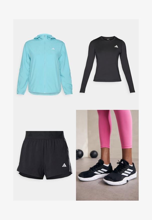 Veste à capuche bleu clair avec une fermeture éclair sur le devant, présentant un petit logo blanc sur la poitrine gauche et des poches latérales zippées.; T-shirt de sport noir à manches longues en matériau lisse et extensible. Présente un logo blanc sur la poitrine. Design ajusté avec un col rond.; Shorts de sport noirs avec une taille élastique, dotés d'une bande texturée, de rayures sur les côtés, et d'un logo Adidas blanc sur l'ourlet inférieur.; Baskets de sport noires avec des rayures blanches, tige en mesh texturé et semelle blanche. Portées avec des leggings roses, mettant en valeur des vêtements d'entraînement.