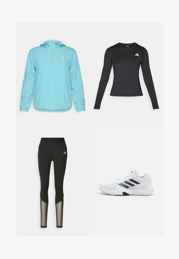 Veste à capuche bleu clair avec une fermeture éclair sur le devant, présentant un petit logo blanc sur la poitrine gauche et des poches latérales zippées.; T-shirt de sport noir à manches longues en matériau lisse et extensible. Présente un logo blanc sur la poitrine. Design ajusté avec un col rond.; Leggings de sport noirs avec une taille haute, présentant des accents en mesh sur le bas des jambes et un logo brodé sur la hanche.; Baskets blanches avec une tige en maille, trois rayures noires sur le côté, des accents texturés et une semelle en caoutchouc robuste avec une section noire contrastante.