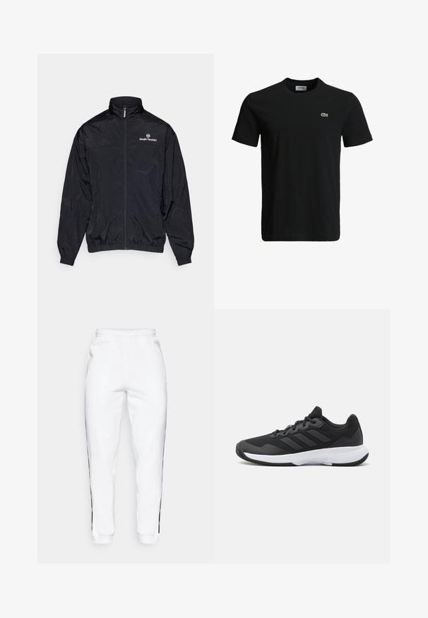 Sergio Tacchini NAYLA TRACK - Športna jakna/jopica - black/gardenia; Črna bombažna majica s krožnim izrezom, kratkimi rokavi in majhnim zelenim krokodilovim logotipom na levem prsnem delu. Gladka tekstura, sproščen dizajn.; Bele športne hlače z elastikastim pasom, z black stranskimi črtami in manšeti. Narejene iz mehkega blaga z gladko teksturo.; Črne atletske čevlje s teksturirano zgornjim delom, tremi vodoravnimi črtami in belim podplatom z vzorčnim profilom. Lahka in aerodinamika oblika.