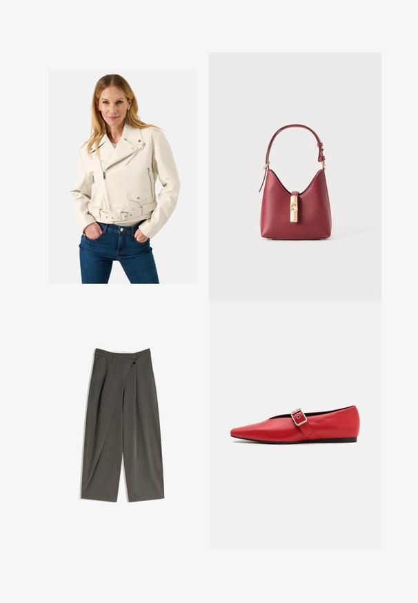 Weiße Leder-Motorradjacke mit Gürtel in der Taille, Reißverschlusstaschen und einem asymmetrischen Schnitt. Getragen mit blauen Jeans.; Hemd mit floralem Muster auf hellrosa Hintergrund, das grüne Blätter und verschiedene bunte Blumen zeigt. Mit Knöpfen, lange Ärmel.; Weite Hosen aus einem dunkelgrauen Stoff. Mit flachem Bund, seitlichen Taschen und einem einzelnen Knopfverschluss. Glatte Textur, taillierte Passform.; Rote Leder-Ballerina mit einer spitzen Zehe, ausgestattet mit einem Seitenriemen mit einer Metallschnalle und einem niedrigen schwarzen Absatz. Glatte Textur über die gesamte Fläche.; Rote Lederhandtasche mit einer markanten, geschwungenen Form, verstellbarem Tragegurt und goldfarbener Verschlussdetail auf der Vorderseite. Glatte Textur, minimales Design.; Goldfarbene Michael Kors Uhr mit rundem Gehäuse, Metallarmband, minimalistischem Zifferblatt, drei Teilzifferblättern und Datumsanzeige auf 6 Uhr.