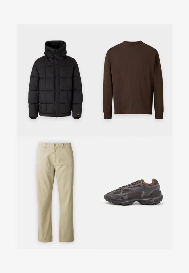 Juodas pūkinis švarkas su aukšta apykakle, siuvinėtu dizainu, užtrauktuku ir juodais kantais. Ant rankovės yra mažas geltonas logotipas.; Ruda ilgomis rankovėmis marškiniai, pagaminti iš švelnios medžiagos, su apvaliu kaklu ir tiesiu kirpimu, be matomų raštų ar detalių.; Bežiniai medvilniniai kelnės su tiesiais blauzdomis, priekyje su mygtukų uždarymu ir diržo kilpomis. Lygus paviršius, nėra matomų raštų ar akcentų.; Lacoste sportbačiai tamsiai pilki, pagaminti iš tinklinės ir sintetinių medžiagų, su tekstūruotu padu ir rudomis detalėmis ant apykaklės bei prekės ženklo.