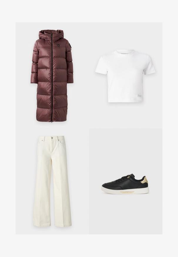 Long, padded coat in deep maroon. Features a hood, front zip, and wide horizontal quilting. Smooth, shiny texture with subtle branding detail.; White cropped t-shirt made of smooth cotton, featuring a high neckline and short sleeves. Small embroidered logo in the bottom corner.; Wide-leg white jeans made from cotton blend fabric. Features a zipper fly, five-pocket design, and stitching along the seams.; Black leather sneaker with a smooth texture, white rubber sole, gold accents on the heel and eyelets, featuring a logo on the side.