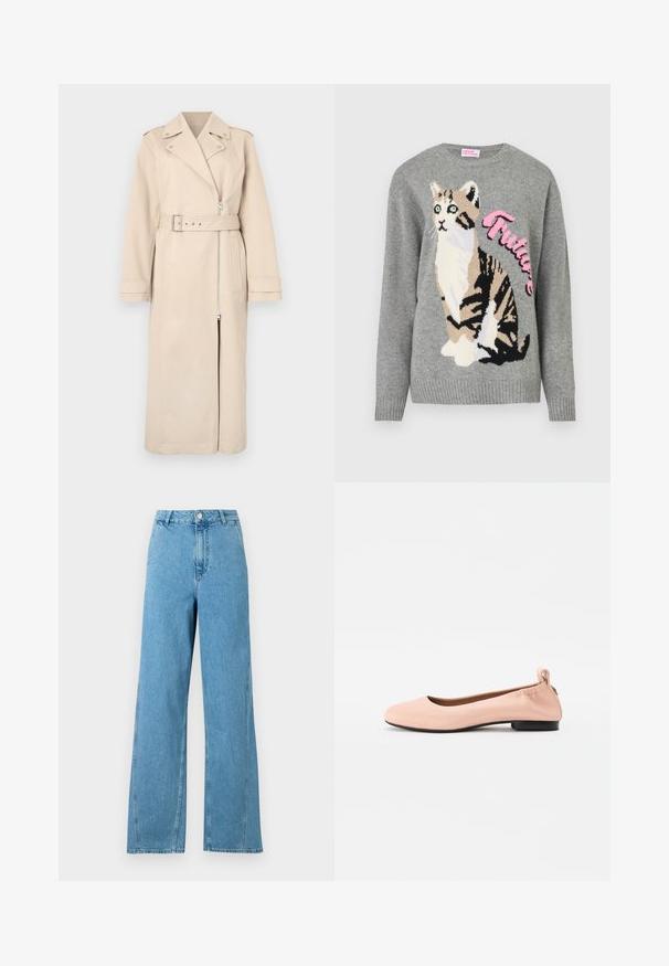 Beige trench coat med dobbeltbrystet design, lynlås lukning, bælte i taljen og sidelommer. Har strukturerede skuldre og lange ærmer.; Grå strikket sweater med en kattegrafik i sort og beige, med ordet "Future" i pink henover fronten.; Lysblå brede jeans med høj talje, fem-lomme design og metalknaplukning. Lavet af denimstof med en glat tekstur.; Lys rosa balletflade lavet af glat materiale med en afrundet tå, en fleksibel bagside og en lille sort hæl.