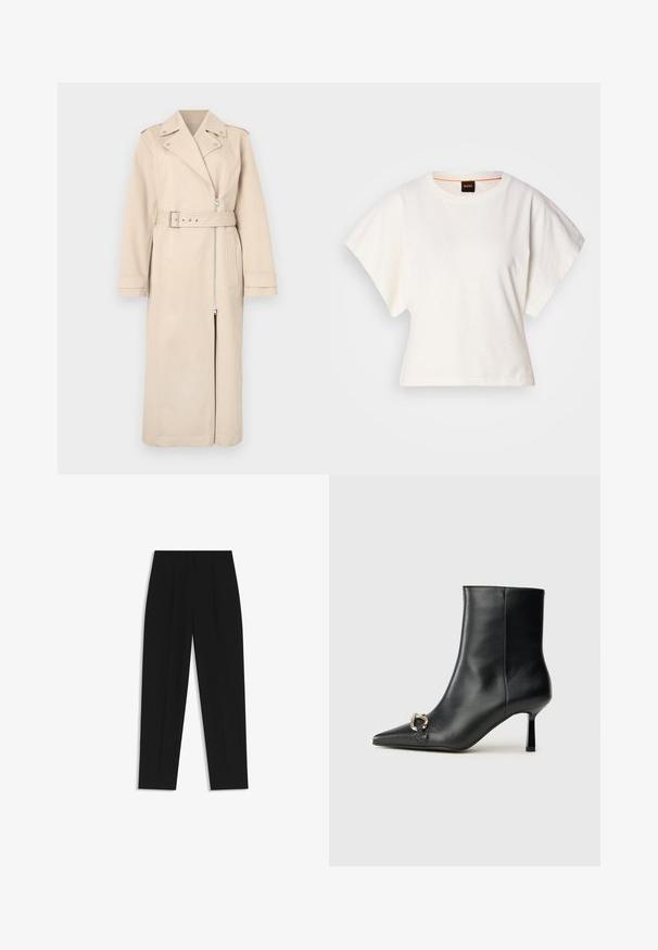 Beige trenchcoat med dubbelknäppning, dragkedjestängning, bälte i midjan och sidofickor. Har strukturerade axlar och långa ärmar.; Vit kortärmad T-shirt, korta vida ärmar, mjukt bomullsmaterial, rund halsringning med subtila orange detaljer, minimal design, inga mönster eller grafik.; Svarta byxor med rak passform, med dubbla fickor, en slät yta och en klassisk midje-design. Ingen synlig hårdvara eller detaljer.; Svart läderankelboot med spetsig tå, smal medelhög klack och silverfärgad spänndetalj på sidan mot en enfärgad bakgrund.