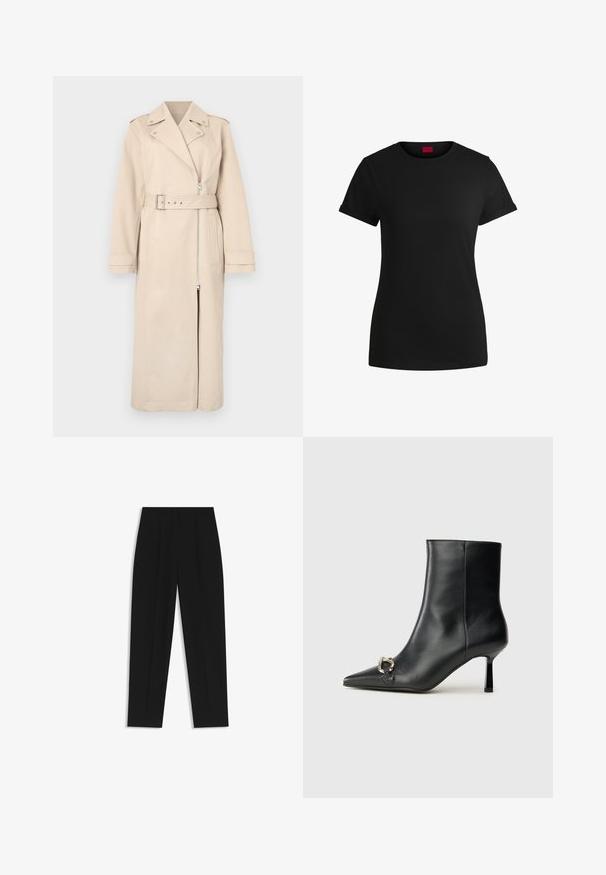 Cappotto beige con design doppiopetto, chiusura a zip, vita con cintura e tasche laterali. Presenta spalle strutturate e maniche lunghe.; T-shirt in cotone nero con maniche corte arrotolate, scollatura rotonda e etichetta rossa. Texture liscia, forma aderente con dettagli minimi.; Pantaloni neri a taglio dritto, con doppie pieghe, una texture liscia e un design classico in vita. Nessun hardware o dettaglio visibile.; Stivale alla caviglia in pelle nera con punta affusolata, tacco sottile di media altezza e dettaglio in fibbia argentata sul lato, su sfondo semplice.