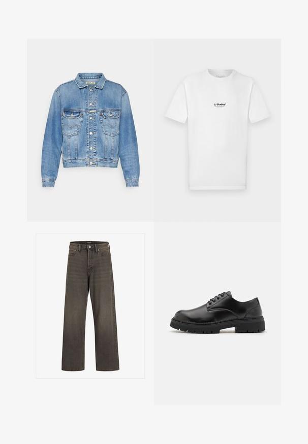 Šviesiai mėlynas džinsinis švarkas klasikinio kirpimo, su dviem priekinėmis kišenėmis, mygtukų užsegimu ir siuvinėtomis detalėmis palei siūles ir apykaklę.; Balti medvilniniai marškinėliai trumpomis rankovėmis ir apvalia iškirpte. Ant krūtinės yra mažas juodas „JJ Studios“ logotipas.; Plati kojinės džinsai tamsiai pilkos spalvos džinsinio audinio, su aukštu liemeniu, klasikinio penkių kišenių dizainu ir kontrastinga siuvimo linija siūlėse.; Juodi odiniai bateliai su apvaliu nosiu, raištelių užsegimu ir storu, tekstūruotu guminėmis padais. Yra siuvinėjimas per kraštą ir lygus paviršius.