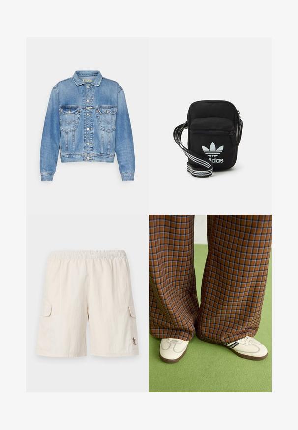 Svijetloplava traper jakna klasičnog kroja, s dva prednja džepa, dugmadima na zatvaranju i šivenim detaljima duž šavova i ovratnika.; Bijela pamučna majica s okruglim izrezom i kratkim rukavima, s malim crnim Adidas logom na prsima.; Bež kratke hlače s elastikom u struku, dva bočna džepa i mali logo na donjoj desnoj strani. Glatka, lagana tkanina.; Smeđe i plave karirane široke hlače uparene s bijelim cipelama s crnim akcentima i teksturiranim potplatom, na zelenoj pozadini.; Crna crossover torba od tkanine sa zatvaračem, sa bijelim Adidas logotipom i prugastim podešivim remenom za lako nošenje.