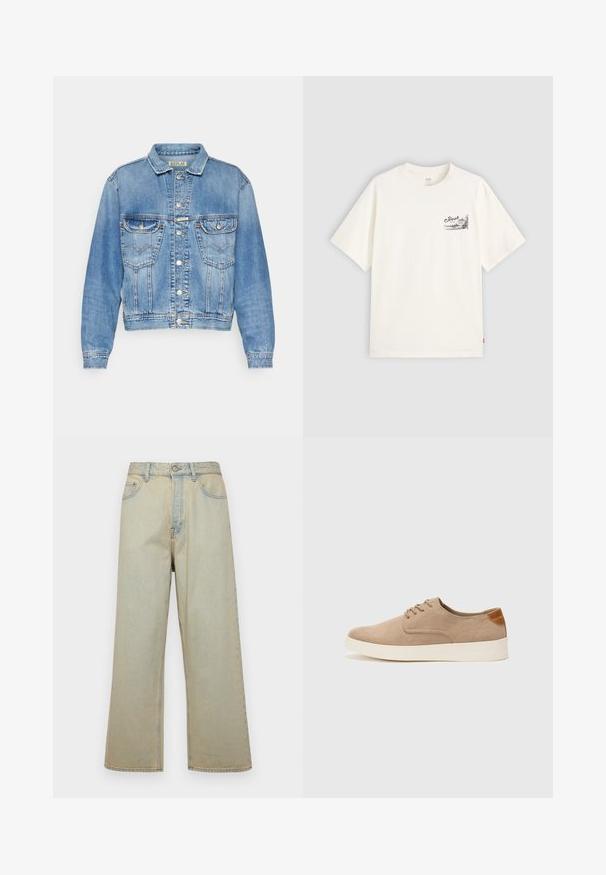 Light blue denim jacket with a classic cut, two front pockets, button closures, and stitched details along the seams and collar.; White short-sleeve t-shirt made of cotton, featuring a black graphic design on the left chest area with the word "Fresh."; Light blue wide-leg jeans made of denim with a faded finish. Features five pockets and a front button closure.; Beige suede sneakers with a rounded toe, lace-up front, and a textured back accent. White rubber sole provides contrast. Simple and modern design.