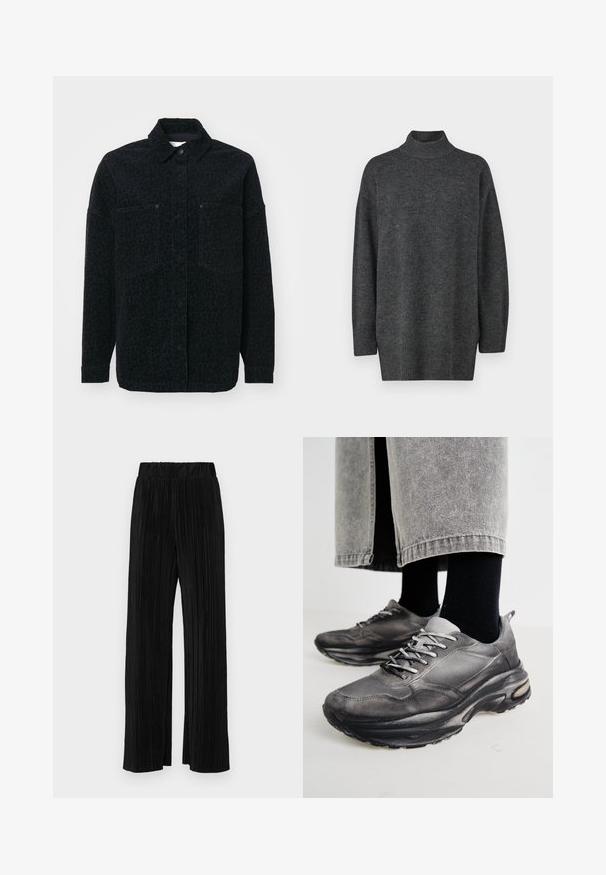 Black shirt jacket featuring a subtle leopard print, two front pockets, and a collared neckline, made from textured fabric.; Dark gray, oversized turtleneck sweater made of soft knit material with long sleeves and ribbed hem; smooth texture, minimalistic design.; Black pleated trousers with an elastic waistband. Features wide legs and a smooth, textured fabric with vertical stripes.; Black and gray athletic shoes feature a mesh upper, thick soles, and laces. They have a rounded toe and visible cushioning detail.