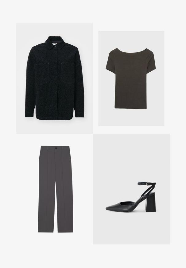 Črna srajčna jakna z diskretnim leopardskim vzorcem, dvema sprednjima žepoma in ovratnikom, izdelana iz teksturirane tkanine.; Temno siva kratka majica s čolnasto izrezom. Narejena iz rebraste tkanine, ki ima sproščen kroj in čist rob. Preprost dizajn, brez vzorcev.; Sive hlače s ravnim krojem, ki imajo dve stranski žep in gumbasto zapiranje. Gladek material brez vidnih vzorcev ali poudarkov.; Črne usnjene klasične čevlje z ostrim nosom, z zaponko za gleženj in debelim peto. Ravna tekstura, eleganten dizajn in minimalistična estetika.