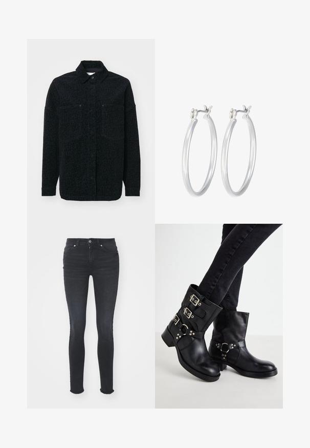 Giacca nera con motivo leopardo discreto, due tasche frontali e colletto, realizzata in tessuto testurizzato.; Bodysuit nero a maniche lunghe con collo alto, caratterizzato da un tessuto solido sul torso e maniche in rete trasparente, progettato con una forma aderente.; Jeans skinny in denim nero con vita media, cinque tasche e orlo sfilacciato. Il tessuto ha una texture liscia con leggero elastico.; Stivaletti neri in pelle con tre fibbie decorative, punta rotonda e tacco basso a blocco. Il design presenta pannelli lisci e testurizzati.; Orecchini a cerchio in argento con una finitura liscia e lucida. Forma rotonda e chiusura a scatto sicura. Design leggero adatto per l'uso quotidiano.