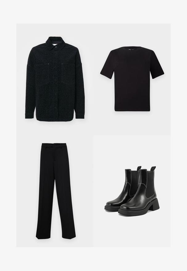 Schwarze Shirtjacke mit dezentem Leopardenmuster, zwei Fronttaschen und kragenförmigem Ausschnitt, aus strukturiertem Stoff gefertigt.; Schwarzes T-Shirt mit kurzen Ärmeln und Rundhalsausschnitt, aus weichem Baumwollmaterial gefertigt. Schlichtes Design, keine sichtbaren Logos oder Muster.; Schwarze, weit geschnittene Hosen aus glattem Stoff, mit einem klassischen Taillenbund und einem Knopfverschluss sowie vorderen Falten.; Schwarze Leder Chelsea-Stiefel mit einem klobigen Absatz, elastischen seitlichen Einsätzen und kontrastierendem weißen Nähten. Strukturierte Oberfläche.