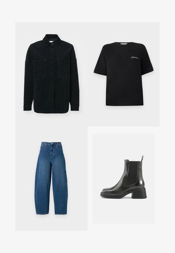 Black shirt jacket featuring a subtle leopard print, two front pockets, and a collared neckline, made from textured fabric.; Black cotton t-shirt with short sleeves and a crew neck. Features white embroidered text on the left chest area. Smooth texture.; Denim jeans in a medium blue wash, featuring a high waist, wide leg cut, and standard five-pocket design with visible stitching details.; Black leather ankle boots with a smooth finish, elastic side panels, and a chunky heel. Features a pull tab for easier wear.