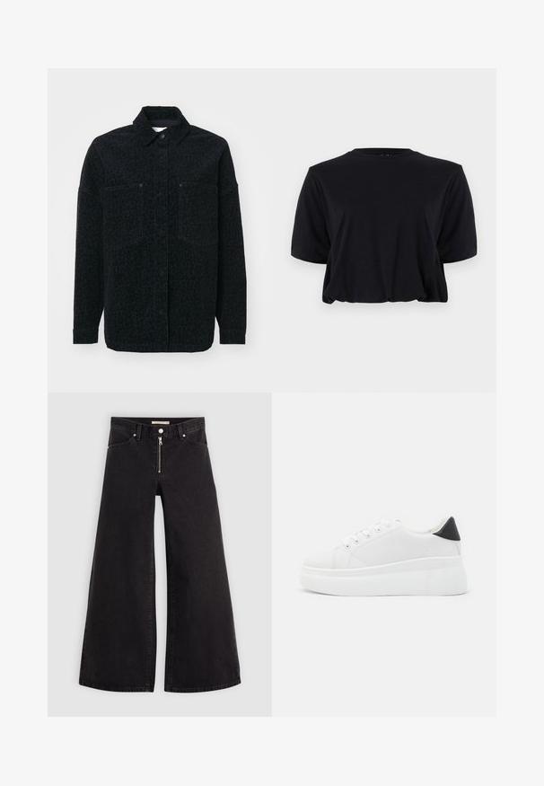 Svart skjortejakke med subtilt leopardmønster, to frontlommer og krage, laget av strukturert stoff.; Svart cropped t-skjorte i bomull med korte ermer og rund hals, med et rent, sømløst design og myk tekstur.; Vide benbukser i sort denim med glidelås i front, fem-lomme design og subtile sømdetaljer. Glatt tekstur og avslappet stil.; Hvite plattform sneakers laget av glatt syntetisk materiale, med rund tå, snøring og en strukturert gummisåle. Svart hæl akcent.