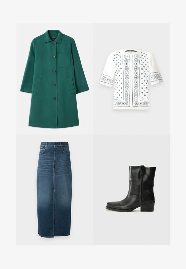 Žalias vilnonis paltas su apykakle, užsegimu mygtukais ir ilgomis rankovėmis. Turi krūtinės kišenę ir dvi šonines kišenes, lygus paviršius.; Balta trumpų rankovių bliuskutė su mėlynais gėlėmis siuvinėjimais, apvaliu dekoltė ir sudėtingais raštais priekyje ir rankovėse.; Tamsiai indigo džinsinio audinio midi sijonas su priekinėmis skeltuvėmis ir šiek tiek išblukusia spalva. Klasikinis penkių kišenių dizainas su metaliniu mygtuko uždarymu.; Juodi odiniai aulinukai iki kulkšnies su apvali nosimi, blokuotais kulnais, šonine užtrauktuku ir siuvimo akcentais ant viršutinės dalies. Lygi tekstūra, klasikinis dizainas.