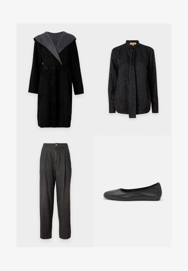 MICHAEL Michael Kors HOODED WRAP COAT - Κλασικό παλτό - charcoal; Μαύρη μπλούζα από λείο ύφασμα, με διακριτό τονικό μοτίβο, μακριά μανίκια, όρθιο γιακά και κλείσιμο με κορδόνι στον λαιμό.; Σκοτεινές γκρι τζιν παντελόνες με ψηλή μέση, πτυχώσεις στο μπροστινό μέρος, ίσιες γραμμές και μία κουμπότρυπα στη μέση.; Μαύρο δερμάτινο μπαλαρίνι με στρογγυλή μύτη, λεία υφή, ελάχιστες λεπτομέρειες ραφής και σχεδίαση ευέλικτης σόλας.