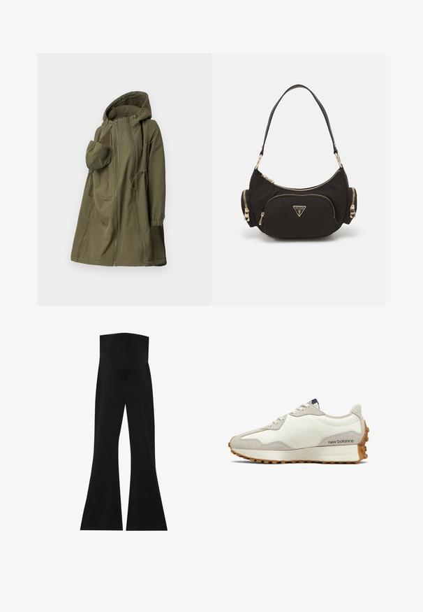 Groene, lange mouw jacket gemaakt van zacht materiaal. Beschikt over een rits aan de voorkant, een verstelbare capuchon, elastische manchetten en zijzakken met stikdetails.; Zwart-witte gestreepte zwangerschapstruien met een hoge hals en lange mouwen, gemaakt van een zachte stof en een relaxte pasvorm voor comfort.; Zwarte flared broek met een hoge tailleband, gemaakt van rekbaar materiaal. Kenmerkt zich door een zachte textuur en een eenvoudig, minimalistich ontwerp.; Witte en beige sneaker met een bovenwerk van glad leer en suède accenten. Voorzien van ronde veters, een gevoerde zool en een gerubberde buitenzool met structuur.; Zwarte stoffen schoudertas met goudkleurige hardware, met een hoofdvak met rits en twee kleinere ritsvakken aan de zijkanten.
