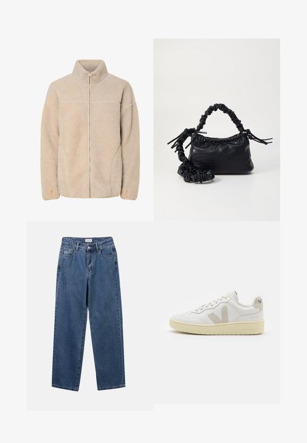 Bežna flis jakna z visokim ovratnikom, zadrgo in stranskimi žepi. Teksturirana površina z mehkim občutkom in elastičnimi manšetami.; Bela srajca z gumbki, narejena iz gladkega bombaža, s klasičnim ovratnikom, dolgimi rokavi in ukrivljenim robom. Gumbi so majhni in beli.; Klasične modre jeans hlače s ravnim krojem, petimi žepi in gumbom za zapiranje. Imajo srednje pranje in trdno teksturo.; Bela usnjena tenisača z bež semiš poudarki, perforiranim prednjim delom, ravnimi vezalkami in strukturiranim kremnim podplatom. Ima diskretno blagovno znamko na peti.; Črna torbica iz umetnega usnja s krokodilovo teksturo, z zvitim vrhom in zmečkano naramico. Zdi se mehka in kompaktna v oblikovanju.