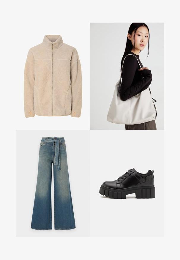 Beige fleece jacket with high collar, zip closure, and side pockets. Textured surface with a soft feel and elastic cuffs.; Rust-colored cropped t-shirt in soft cotton with short sleeves and a knotted front detail. Smooth texture, round neckline.; Wide-leg denim trousers featuring a light to dark blue gradient, high waist, belt loops, and a matching fabric belt. Textured denim finish.; Black leather platform shoes with a chunky block heel, round toe, and traditional lace-up design. Features smooth texture and minimal detailing.; Beige handbag made of soft material, featuring a slouchy design, stitched detailing, and two shoulder straps. Suitable for everyday use.