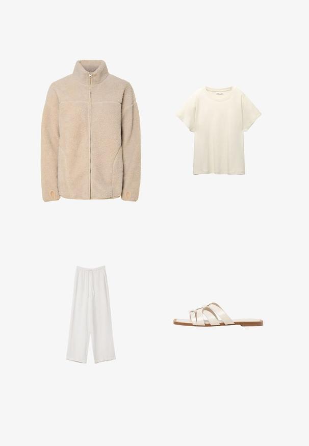 Bež flison jakna s visokim ovratnikom, zatvaranjem na patentni zatvarač i bočnim džepovima. Teksturirana površina s mekanim osjećajem i elastičnim manžetama.; Svijetlo bež majica kratkih rukava s okruglim izrezom, izrađena od meke, glatke tkanine. Karakterizira je opušteni kroj i ravni rub.; Bijele hlače širokih nogavica napravljene od lagane tkanine. Imaju elastičan pojas s ušicom i bočne džepove. Glatka tekstura.; Ravne sandale s smeškom od gume, dizajnirane s tri preklapajuće bele kožne trake i malim detaljem mašne u sredini.