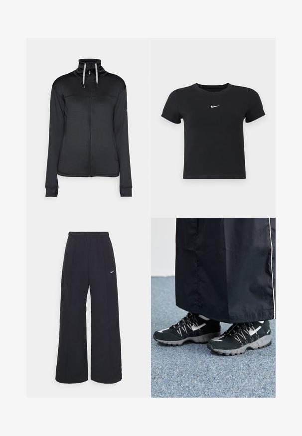 Svart glidelåsjakke med høy krage, teksturert stoff og kontrasterende snor. Har sidelommer og tommelhull i ermene.; Svart T-skjorte med kort arm laget av bomull med rund hals. Har en hvit Nike-logo på brystet, minimalistisk design og tettsittende fasong.; Svarte vide bukser med elastisk linning og en liten hvit Nike-logo. Stoffet har en glatt tekstur, designet for komfort og uformell bruk.; Svarte treningssko med teksturert overdel, sølv detaljer og mønstrete såle, sammen med et svart langt plagg. Plassert på et blått teppe.