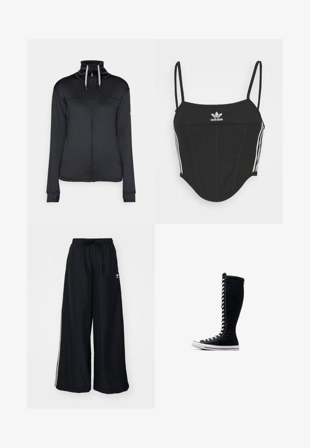Zwarte zip-up jack met een hoge kraag, textuurstof en contrasterend trekkoord. Heeft zijzakken en duimgaatjes in de mouwen.; Zwarte geribbelde crop top met verstelbare dunne bandjes, voorzien van drie witte strepen aan de zijkanten en een klein wit Adidas-logo in het midden.; Zwarte wijde pijpen broek gemaakt van lichtgewicht stof. Heeft een elastische tailleband met een trekkoord en witte zijstrepen. Merklogo op de heup.; Zwarte hoge sneakers met een hoge ontwerp, gemaakt van canvas. Beschikken over witte veters, stiksels en een rubberen zool met een neuskap.