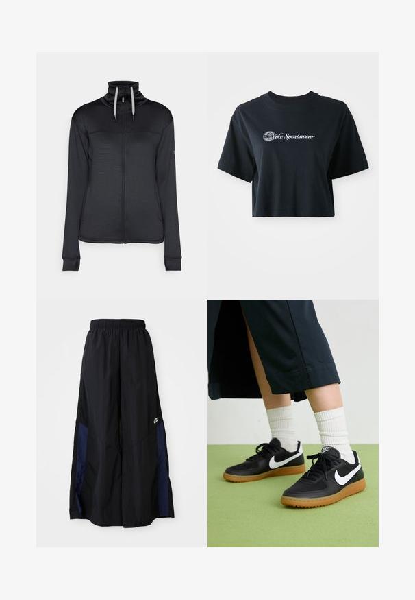 Čierna zipová bunda s vysokým golierom, textúrovanou tkaninou a kontrastným šnúrkou. Obsahuje bočné vrecká a otvory na palce v manžetách.; Zastrihnuté čierne bavlnené tričko s krátkymi rukávmi, so bielym textom "Vice Sportswear" a kruhovou grafikou na prednej strane.; Čierne voľné nohavice vyrobené z ľahkého materiálu, s námorníckym modrým postranným panelom a elastickým pásom. Malé biele logo na spodnej časti.; Čierne kožené a syntetické tenisky so bielym logom Nike, gumenou podrážkou, okrúhlou špičkou a čiernymi šnúrkami. Viditeľné biele pruhované ponožky.