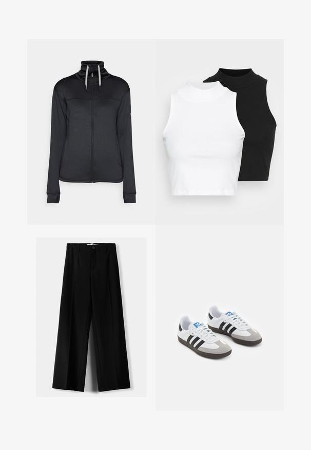 Crna jakna s patentnim zatvaračem i visokim ovratnikom, teksturirani materijal i kontrastna špaga. Ima bočne džepove i otvore za palčeve na rukavima.; Dvije bezrukavne rebraste majice s visokim ovratnikom u crnoj i bijeloj boji, s prilagođenim dizajnom i glatkom teksturom, te skraćenom dužinom.; Crne široke hlače izrađene od lagane tkanine, s prednjim zatvaranjem na dugme i ravnim prednjim dijelom, sa uredno šivenim rubovima.; Sportske cipele s gornjištem od bijele kože, sivi suedinasti nos i tri crne pruge. Imaju plavi logo na jeziku i teksturiranu gumenu podlogu.