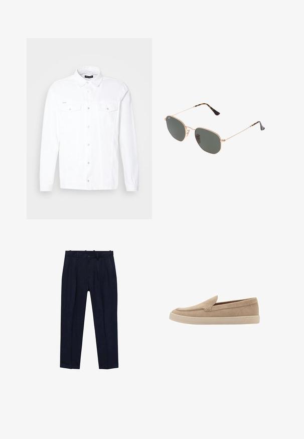 Bijela košulja dugih rukava s gumbima sprijeda, ovratnikom, dva džepa na prsima i srebrnim metalnim gumbima. Izrađena je od teksturirane tkanine.; Bijela košulja s dugim rukavima i klasičnim ovratnikom, glatke teksture. Ima jednostavan dizajn s usklađenim dugmadi.; Mornarske hlače od glatke tkanine, s lagano prilagođenim krojem, prednjim naborima, petljama za remen i zatvaranjem na jedan gumb.; Bež suknjaste slip-on cipele s zaobljenim vrhom i šivanim detaljima. Svijetla gumena potplata s niskim dizajnom.; Naočale s metalnim okvirom u zlatnoj boji i tamnozelenim lećama, avijatičarskog stila, sa tankim drškama i kornjačevim naglascima na vrhovima.