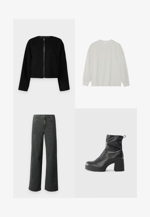 Mustal lühike jope, mis on valmistatud tekstuurse kangast, millel on ümar kaelus ja täispikkuses lukku ees. Pika varrukaga ja mugava istuvusega.; Hele halli pikkade varrukatega T-särk, mis on valmistatud pehmest puuvillast. Omab vaba lõiget, ümmargust kaelust ja õrnalt kogutud varrukaotsi. Muster ja graafika puuduvad.; Laial jalgevahega teksad tumedas hallis denimis, millel on peen sablestriibuline tekstuur, kontrastne õmblemine ja viie tasku disain nupuga.; Mustad mustad ansapüksid, mis on valmistatud siledast nahast, külje zipperiga, paksu tekstuuriga kontsaga ja ümmarguse nina disainiga.