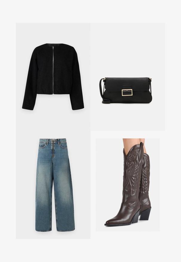 Juodas trumpas švarkas, pagamintas iš tekstūruoto audinio, su apvalia iškirpte ir pilnu priekinio užtrauktuko uždarymu. Ilgos rankovės su laisvu siluetu.; Baltas be rankovių marškinėlis, pagamintas iš išklotinės medžiagos, su apvaliu iškirpimu ir prigludusia siluetu, minimaliais siūlais ir be dekoracijų.; Plati kojinės džinsai šviesiai mėlynos spalvos. Turi užtrauktuką su mygtuko uždarymu ir švelnų nusidėvėjimo efektą, kad atrodytų dėvėti.; Rudos odinės kaubojaus batai su smailiu priekiu ir blokuotu kulnu, pasižymintys detaliu siuvinėjimu ir iškiliais akcentais ant ašies.; Juodas odinis dėkliukas su atvarteliu ir auksinės metalinės sagties detalėmis. Įeina juodas diržas ir elegantiškas, minimalistinis dizainas.